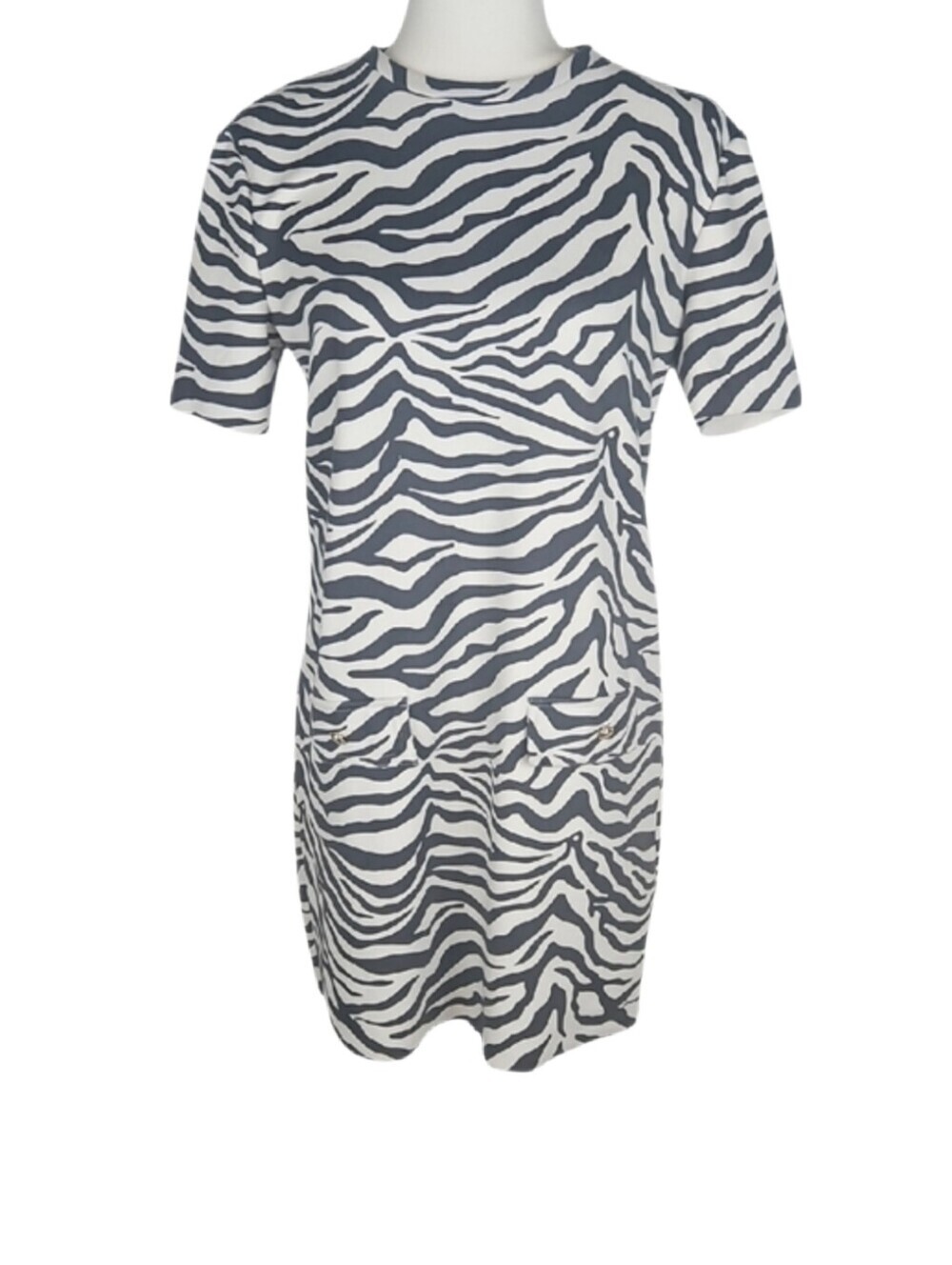 Zara Safari Zebra Print Shift Dress Gold Buttons Short Sleeve Casual Mini Dress